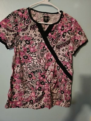 Med Couture Brand Pink And Black Print Scrub Top - sz S - Image 1 of 4