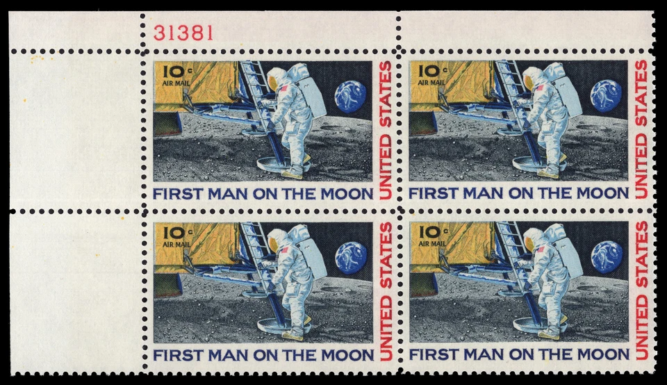 US Scott # C76, First Man on Moon, Plate Block of 1969 10¢ Airmail Stamps, MNH - Image 1 of 1