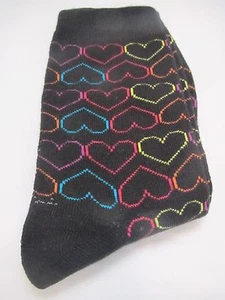 Womens Heart Fashion Black Crew Socks sz 9-11 Outlined Multi colored Hearts LOVE - Picture 1 of 2