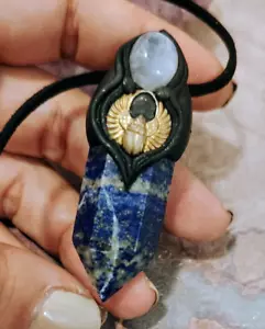 Egyptian Jewelry Amulet Necklace Moonstone Lapis lazuli Pendant w Gold Scarab - Picture 1 of 3