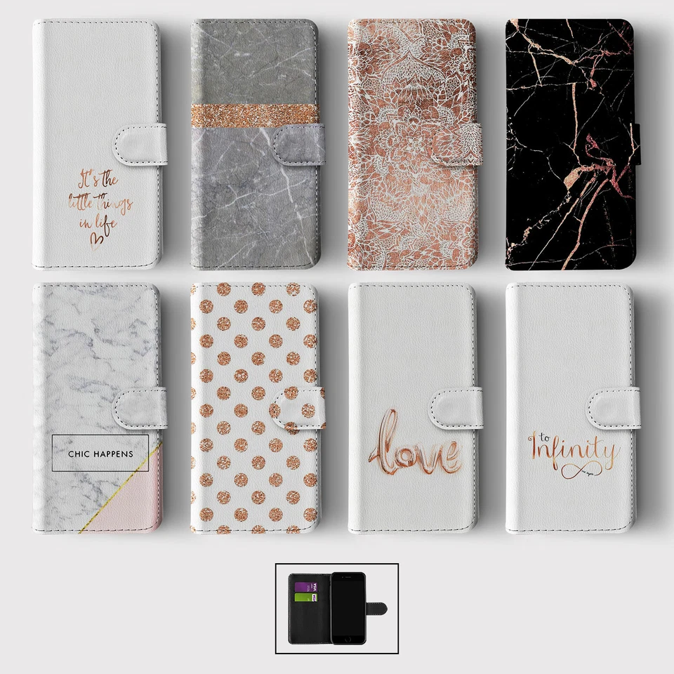 CASE FOR IPHONE 16 15 14 13 12 11 SE WALLET FLIP PHONE COVER ROSE GOLD POLKA DOT - Image 1 of 1