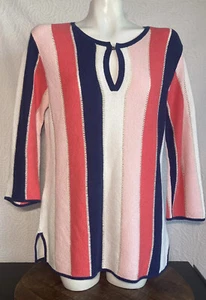 TOMMY BAHAMA Pink & Navy Striped Stripes Open Weave Keyhole Tunic Sweater Medium - Picture 1 of 8