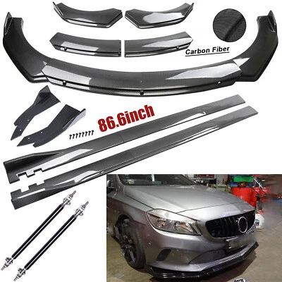 For Mercedes Benz A Class Fiber Front Bumper Lip Spoiler 86.6" Side Skirt Kit - Image 1 of 4