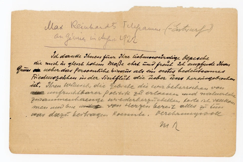 Telegrammentwurf von Max Reinhardt an Firmin Gémier 8.1922 - Bild 1 von 2