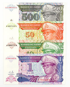 Set of 4 diff. Zaire 1979-1995 paper money Au-Unc.