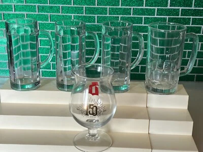 Lot of 5: 1 DUVEL Beer Tulip Glass 150 Years Red D & 4 Clear Glass Beer Mugs - Image 1 of 4