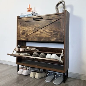 Shoe Cabinet with 2 Flip Drawers Shoe Rack Storage Organizer Rustic Brown - Picture 1 of 10