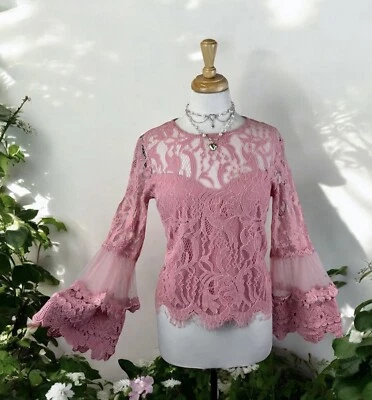 Blusa Rosa Crochet Encaje Transparente Manga Campana Romántica Hada Diosa Formal Talla 10 Foto 1 de 4