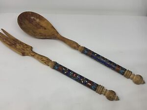 Rare Russian Enameled Silver & Birchwood Large Serving Spoon & Fork
