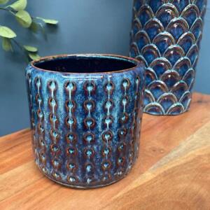 Brown and Ginger Indigo Peacock Cylinder Planter Vase Ceramic Medium Blue Tones 16cm Wide Medium>