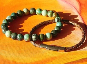 Mens / Ladies 8mm Gemstone Beaded Bracelet Set - African Turquoise & Leather. - Picture 1 of 3