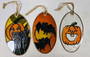 Vintage Halloween Stained Glass 3 Piece Window Decor Cat Bat Pumpkin 5 Inch - Picture 1 of 6