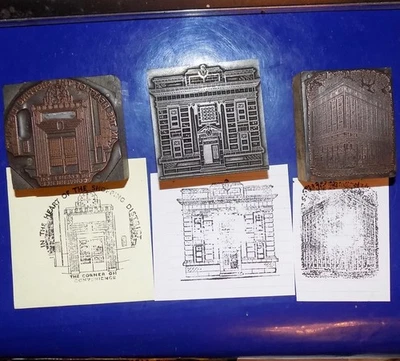 Lot of Three Antique Wood & Metal Printers Blocks - Buildings & Elevator - Image 1 of 3