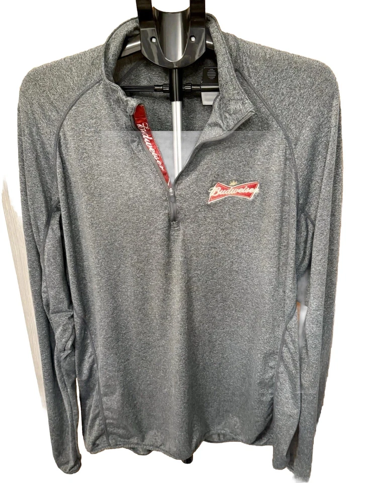 Bandera de cerveza Budweiser Qt. Jersey con cremallera para hombre XL. Top gris de rendimiento de manga larga Foto 1 de 4