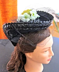 Vtg 1940's New York Creation Hat Fascinator Black Cowboy /Netting/Blue Flowers - Picture 1 of 17