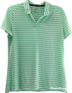NIKE Golf Women's Size Large Polo Shirt Dri Fit Green White Striped Stretch Top