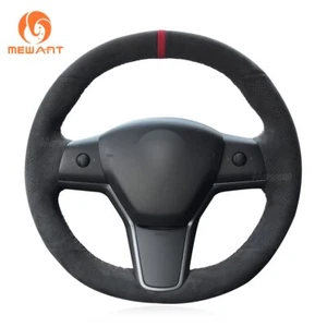 For Tesla Model Y Steering Wheel Cover Alcantara Wrap Carbon Fibre Leather D - Picture 1 of 20