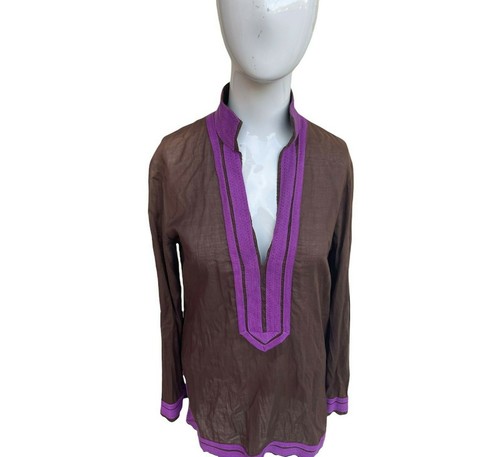 Tunica Tory Burch manica lunga semi trasparente cerniera laterale taglia 4 100% cotone marrone