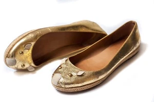 MARC JACOBS Womens Mouse Crackled Metallic Leather Flats Gold Size 39 1/2 - Picture 1 of 11