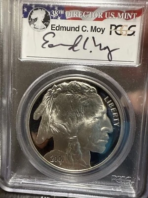 2001 D UNCIRCULATED SILVER BUFFALO COMMEMORATIVE DOLLAR PCGS MS69 EDMUND MOY SIG - Image 1 of 3