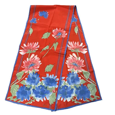 Vintage Vera Neumann Oblong Scarf 10x46 Polyester Pink Blue Flowers on Red Japan - Image 1 of 4