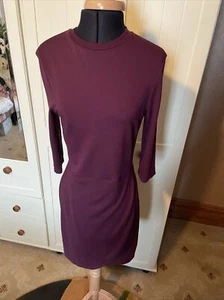 TOPSHOP Preloved Dark Purple 3/4 Sleeve Stretch Jersey Knee Length Dress Size 12 - Picture 1 of 12