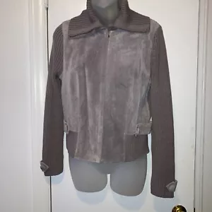 SIGRID OLSEN Women's PM ~Zip Up SWEATER JACKET Tan, Leather Suede ~ BEAUTIFUL!!! - Picture 1 of 15