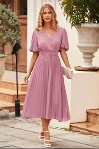 PRETTYGARDEN Women's Summer Pleated Midi Dress Wrap V Neck Puff Sleeve Casual Ch - Picture 1 of 5