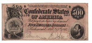 1864 Confederate $500 CR-89 PF2 * OLD HOARD * CRISP AU * PINK* Free Shipping
