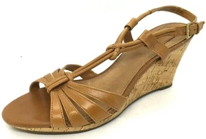 Clarks Bendables Womens Sz 11 Natural Brown Leather Strappy Cork Wedge Sandals - Picture 1 of 9