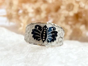 Schmetterlingsförmiger emaillierter konischer 925 Sterlingsilber Vintage Ring - Gr. 6 - Bild 1 von 12
