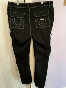 True Religion Big T Cargo Pants 36 Jet Black White Stitch Skater $159 NWT - Picture 1 of 11
