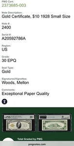 🔥1928 $10 GOLD CERTIFICATE! PMG GRADED VF30 EPQ! FREE SHIP! AA BLOCK🔥 - Picture 1 of 1