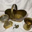 Brass Natural Patina Lot Bucket, Pitcher, Swan And Non Working Desk Clock