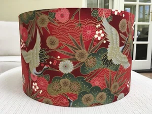 Red Oriental Lamp Shade Japanese Cranes Fabric Floral Bird Exotic Lampshade Gold - Picture 1 of 7