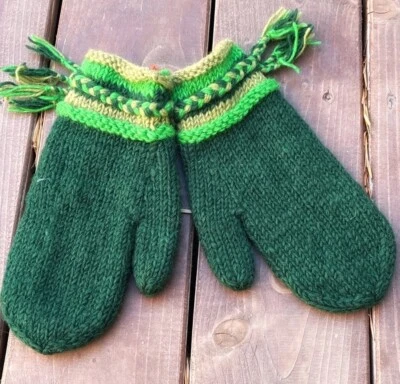 Guantes de lana trenzada cálidos hechos a mano borla guantes coloridos verdes Foto 1 de 4