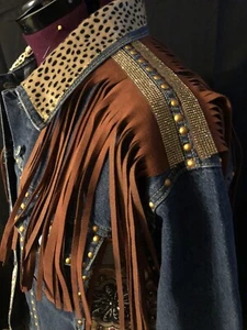 Vintage Western Fringe Leather Jacket Coat Denim Cowgirl Custom Hippie Boho XL - Picture 1 of 14