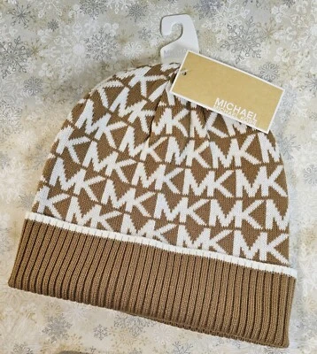 Gorro Michael Kors Signature Logo Print Camel y Crema, Talla Única ¡ENVÍO GRATUITO! Foto 1 de 4