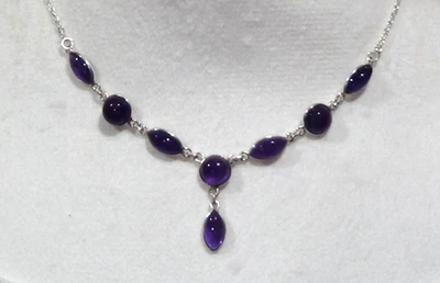 Vintage Bezel Set Amethyst Marquis & Round Shape Sterling Silver Y Drop Necklace - Image 1 of 4