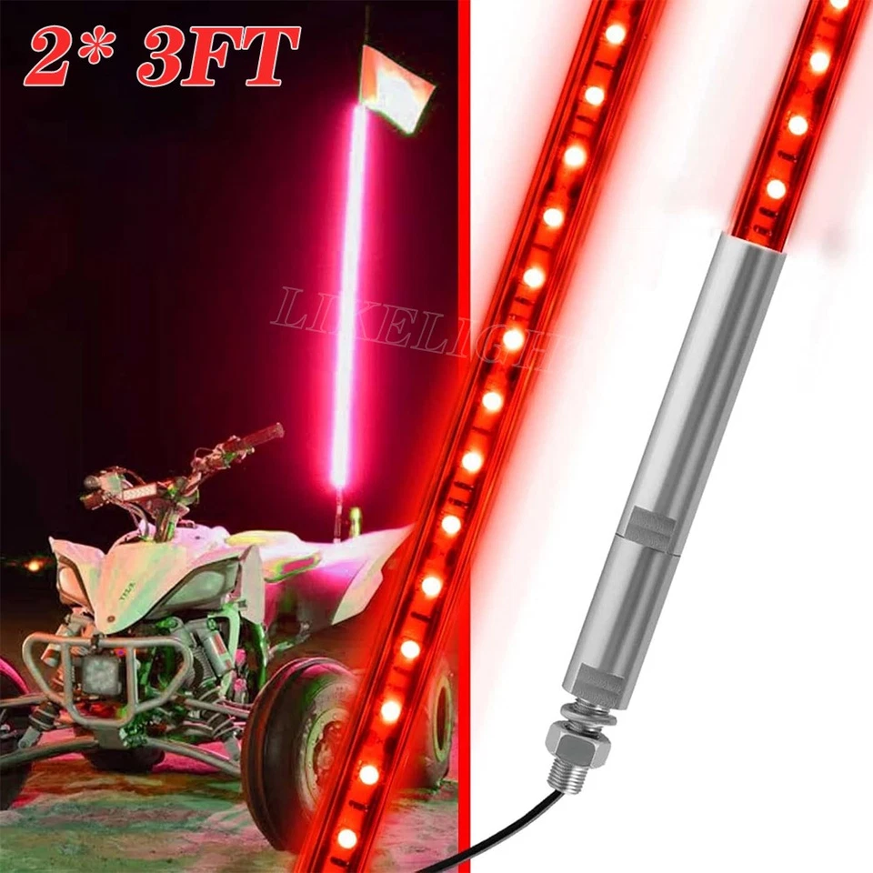 2X 3FT LED Whip Light RED Antenna Light Fit For RZR Polaris Offroad ATV UTV 4WD - Image 1 of 4