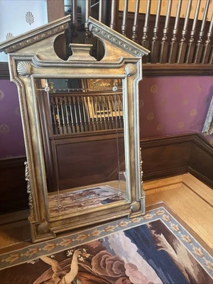 Ethan Allen Neoclassical Pediment Wall Mirror Gold Gilt Paint Console - Image 1 of 4