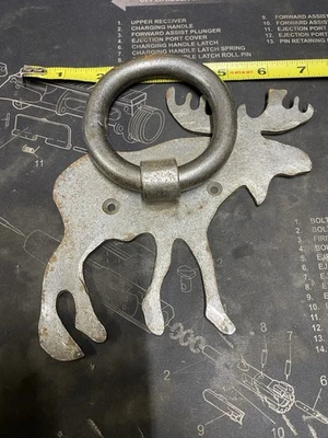 New Raw Metal Moose Door Knocker Metal Iron Flat W/ Large Ring RUSTIC Cabin - Image 1 of 4