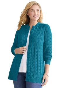 Woman Within Plus Size Cotton Cable Knit Cardigan Sweater - Picture 1 of 68