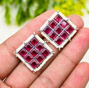 Pink Rubellite Gemstone 925 Sterling Silver Handmade Jewelry Earrings 0.75" - Picture 1 of 6