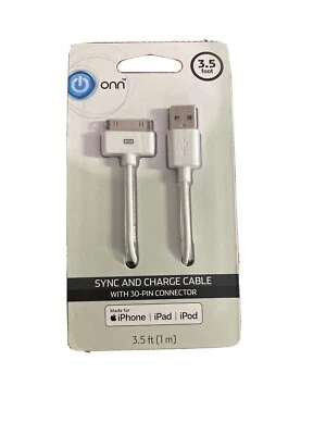 ONN 3.5 Foot White Sync and Charge Cable with 30 PIN Connector iPod iPhone iPad - Image 1 of 3