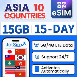 Asia 10 Countries eSIM - 15GB High-Speed, 15 Day JetSim/Travel SIM - Picture 1 of 7