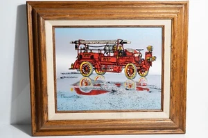 H Hargrove Lakewood Fire Department Ladder Co #5 Red FireTruck Oil Painting 10x8 - Picture 1 of 7