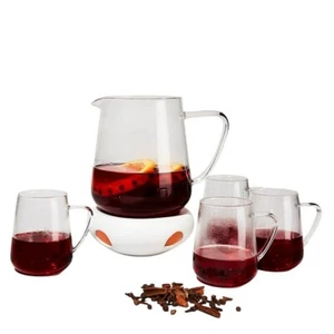 Litton Mulled Wine Set Glass and Porcelain 46oz Pitcher 4 Mugs Cocoa Tea Coffee - Picture 1 of 5