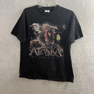 Genesis 男式 T 恤中号阿拉斯加目的地全印花黑色短袖复古 — 第 1/4 张图片