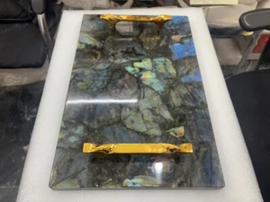 Labradorite Stones Serving Tray with Golden Handles - Picture 1 of 10